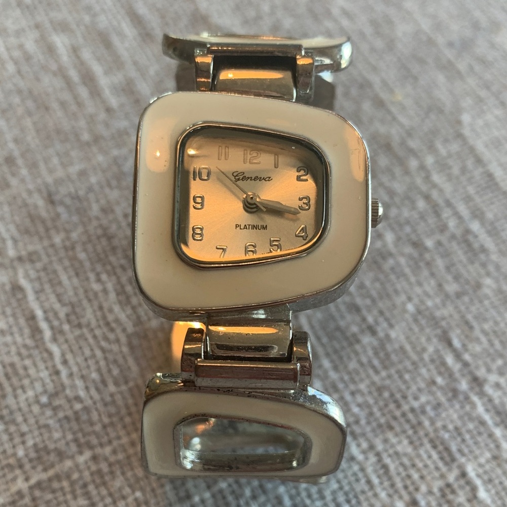 Geneva Platinum Quartz Spring Festival Silver Tone Square Cuff Wrist Watch